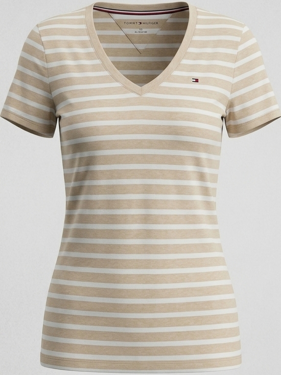Tommy Hilfiger Tops - Tommy Hilfiger Women's Beige and White Striped V-Neck Tee